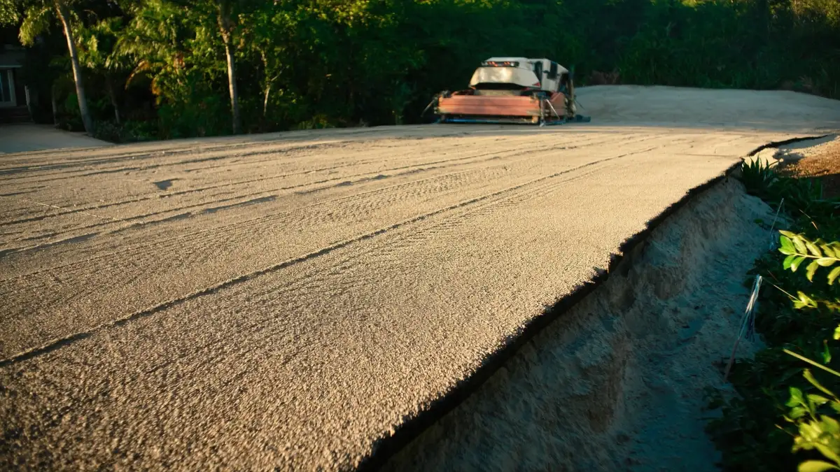 A compacted limerock base graded flat with pale Florida sand visible in the cut edge