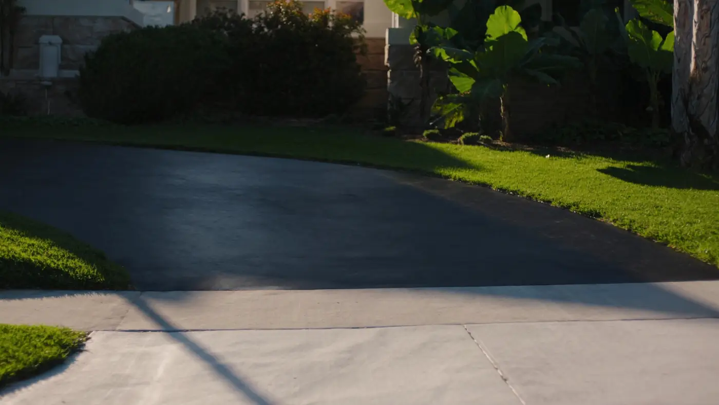 A residential driveway immediately after sealcoating, uniform matte black with a sharp edge against the lawn
